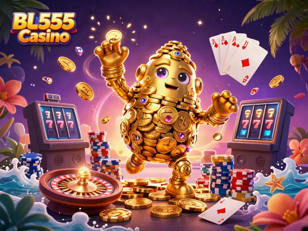Engage with thrilling gaming at BL555 Casino featuring a golden golem and dynamic casino elements.