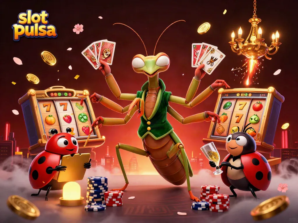 Slot pulsa illustration featuring a praying mantis card sharp, ladybug pit boss, and vibrant game elements.