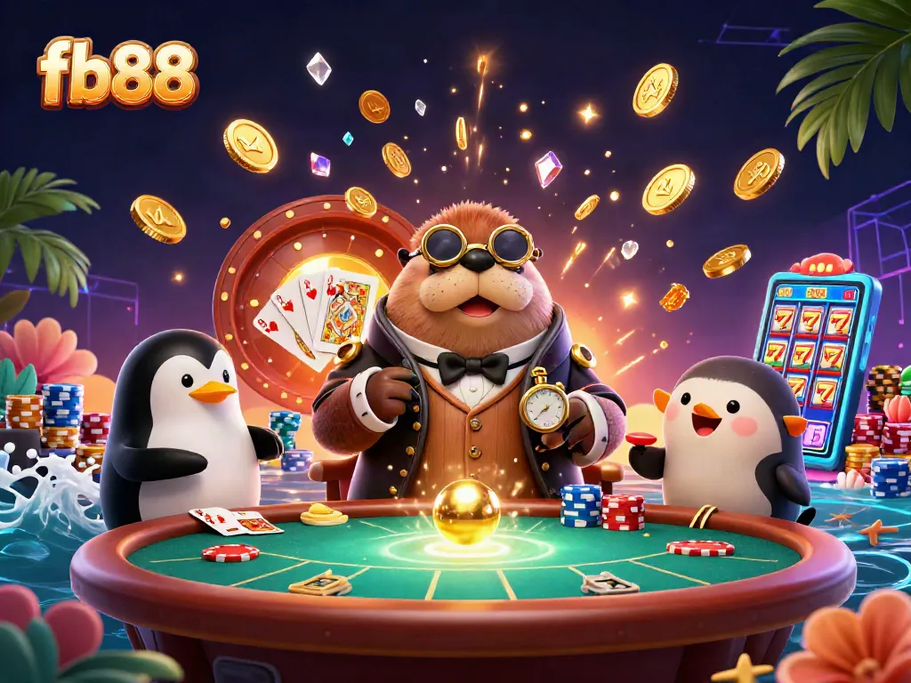 Engage with fb88's thrilling underwater poker game featuring a jolly walrus, penguin dealer, and a bluffing pufferfish.