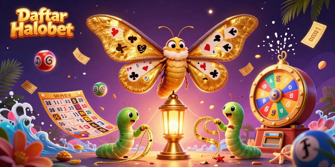 Engage with the vibrant world of Daftar Halobet featuring a golden-winged moth amidst dynamic lottery elements and casino excitement.