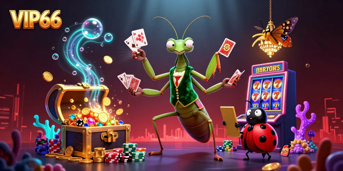 Experience excitement with VIP66 as a cartoon mantis deals cards and shuffles chips in a vibrant casino scene.
