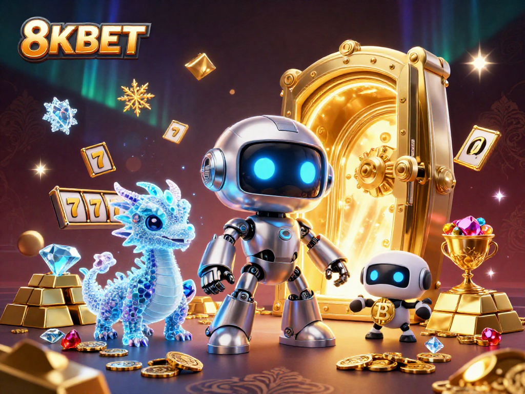 Experience 8KBET’s thrilling slot adventures with a vibrant illustration embodying excitement and luxury.