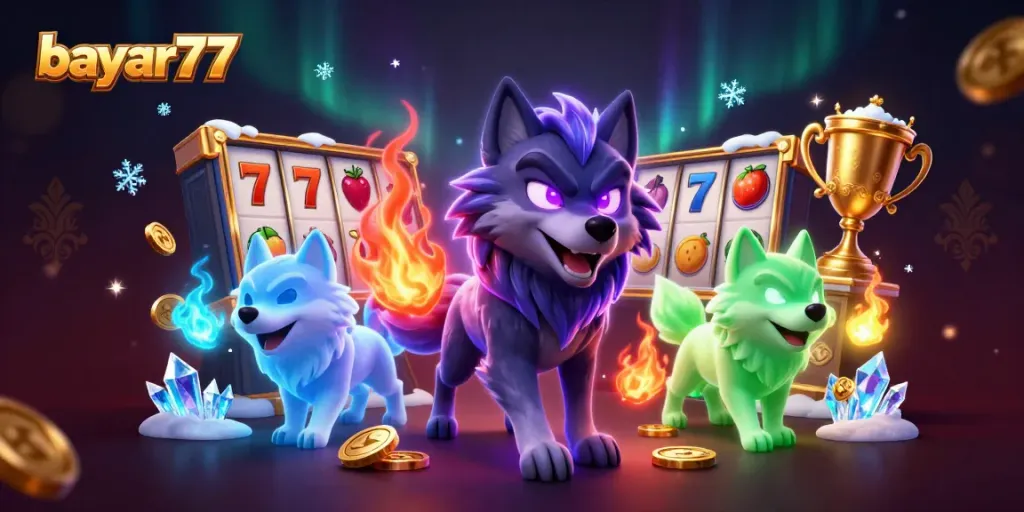 Experience seamless gaming action with bayar77, represented by a shadow wolf and slot game elements.