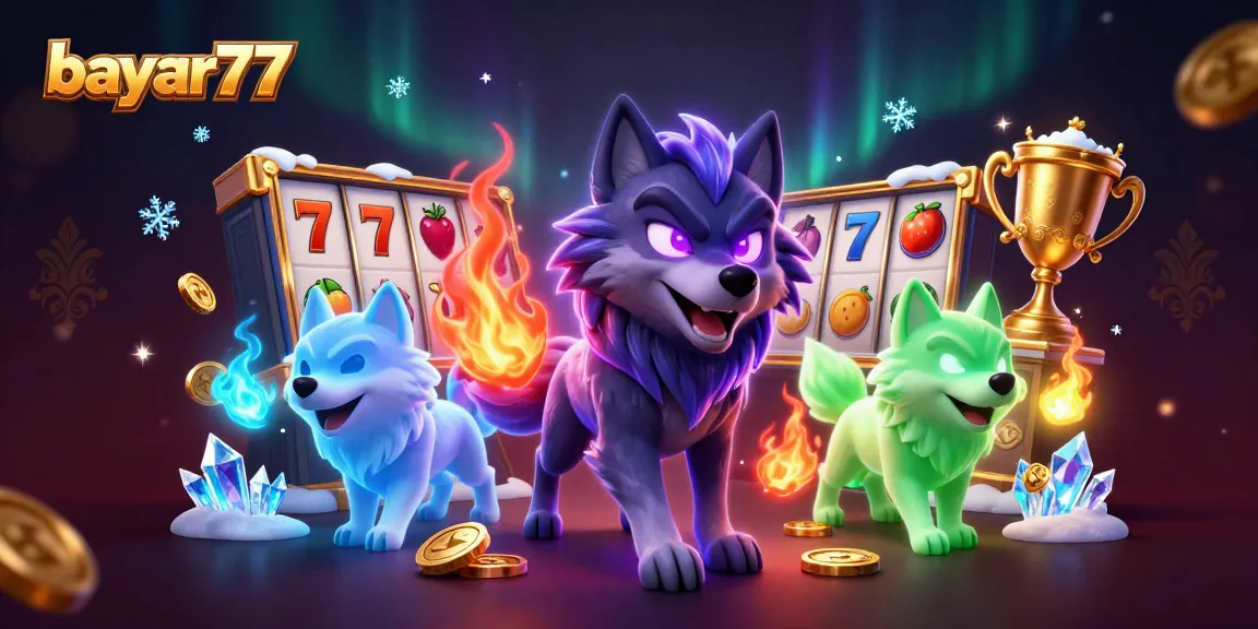 Experience seamless gaming action with bayar77, represented by a shadow wolf and slot game elements.