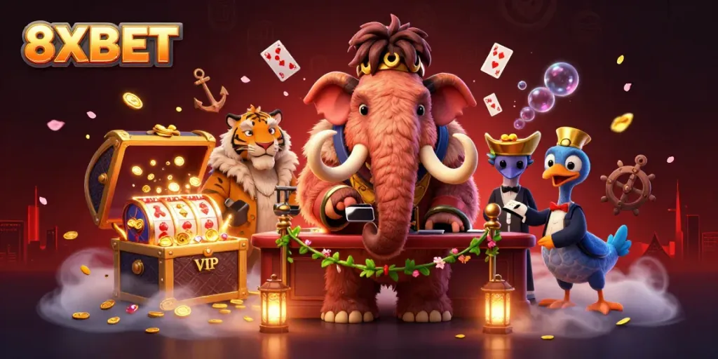 Experience excitement at 8XBET's casino scene with a woolly mammoth bouncer, saber-tooth tiger guest, and vibrant slot reels.
