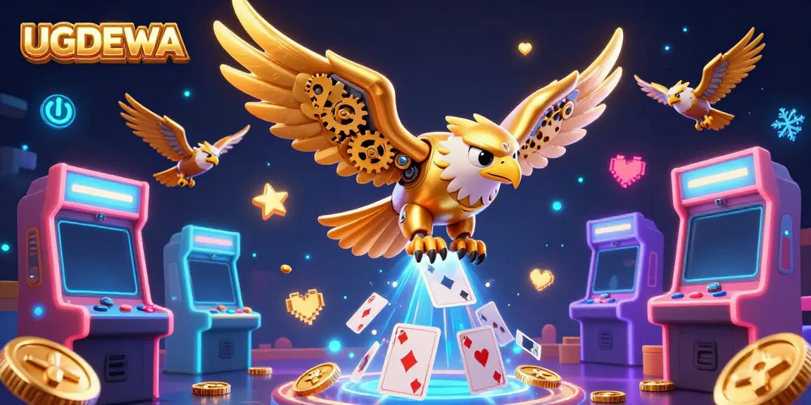 Experience thrilling game action with UGDEWA, featuring a cybernetic eagle amidst colorful gaming elements.