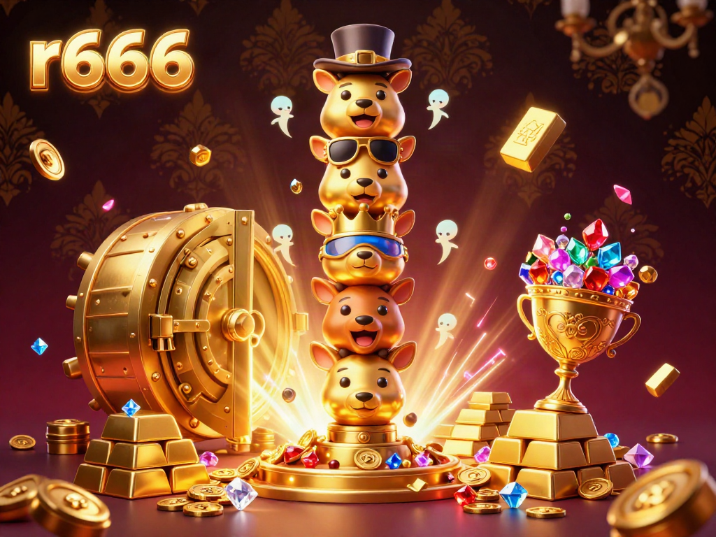 Experience exciting casino adventures with r666, highlighted by a golden totem pole amid treasure and gaming elements.