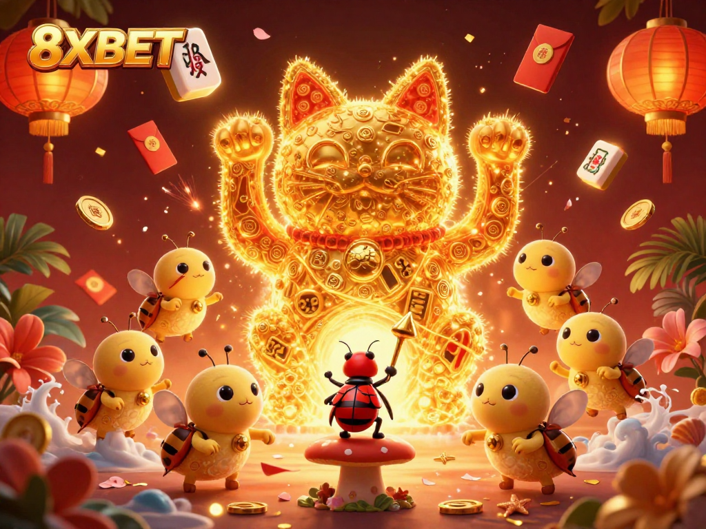 Experience the vibrant world of 8XBET with a lively lucky cat in a thrilling casino scene.