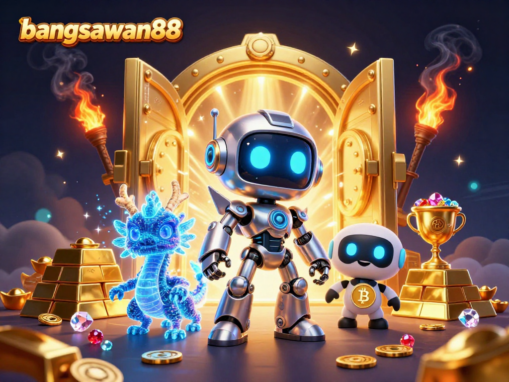 Bets in action at bangsawan88 with a cyberpunk robot and holographic dragon amid sparkling treasures.