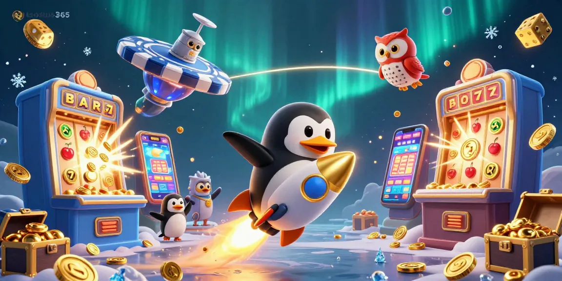 Win big with lotus365 while encountering a golden rocket penguin and casino treasures.