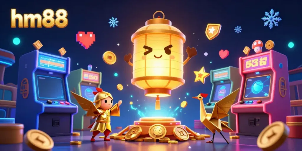 Engage in thrilling gameplay at hm88 with vibrant 3D casino elements including arcade machines and lucky symbols.