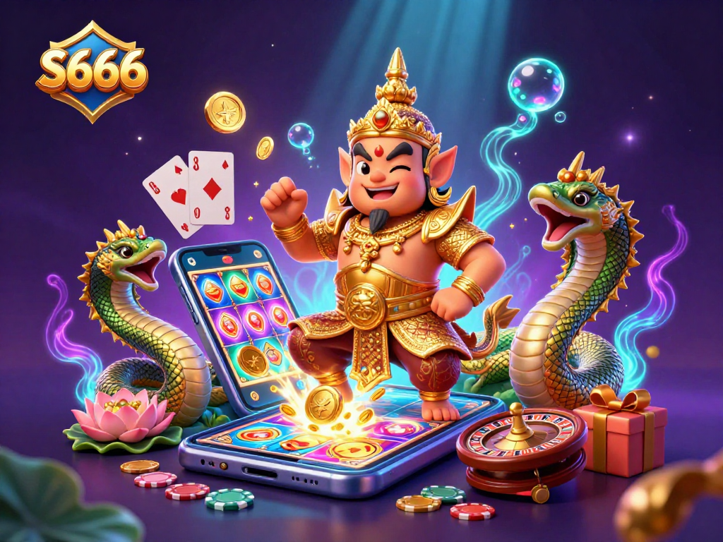S666 welcomes players to spin colorful slots surrounded by divine guardians and casino elements.