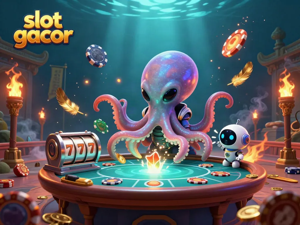 Engage with slot gacor in a dynamic 3D scene of an alien octopus and robot at a holographic poker table.
