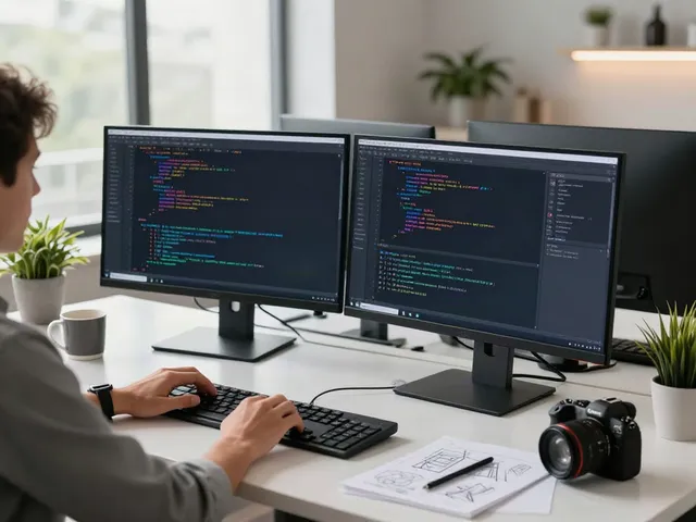 Innovative workspace with a80 software development setup showcasing dual monitors and coding activity.