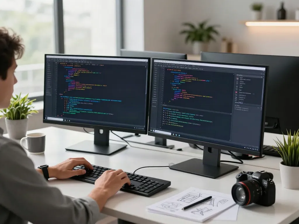 Innovative workspace with a80 software development setup showcasing dual monitors and coding activity.