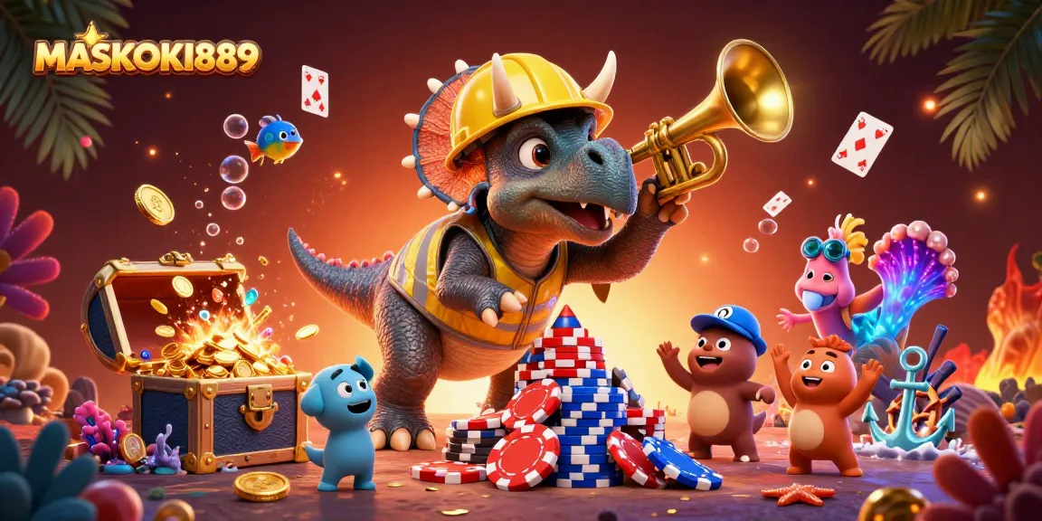 Join the excitement of MASKOKI889 as illustrated by vibrant characters building poker chip pyramids.