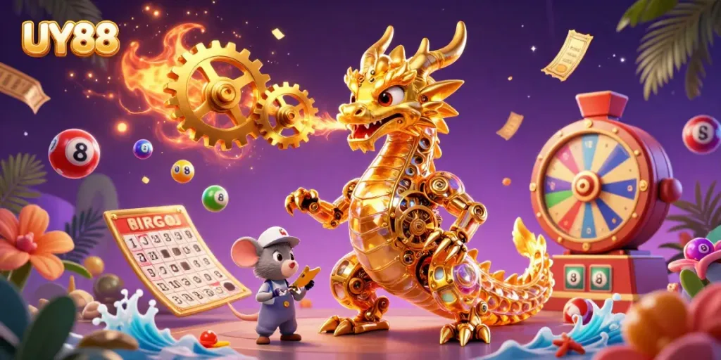Experience the vibrant gaming world of UY88 with a golden dragon showcasing a magical carnival.