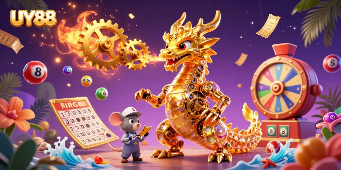 Experience the vibrant gaming world of UY88 with a golden dragon showcasing a magical carnival.