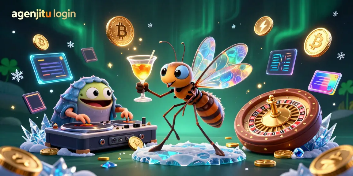 Gambar agenjitu login dengan karakter kasino 3D dan elemen crypto yang menarik.