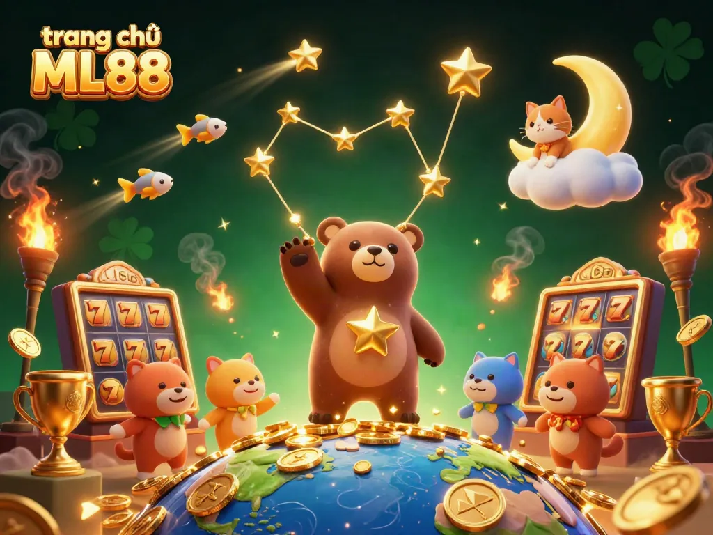 Engaging scene at trang chủ ML88 featuring golden star bear and casino elements, lively atmosphere, and dynamic action.