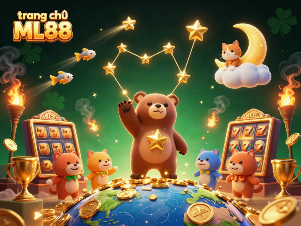 Engaging scene at trang chủ ML88 featuring golden star bear and casino elements, lively atmosphere, and dynamic action.