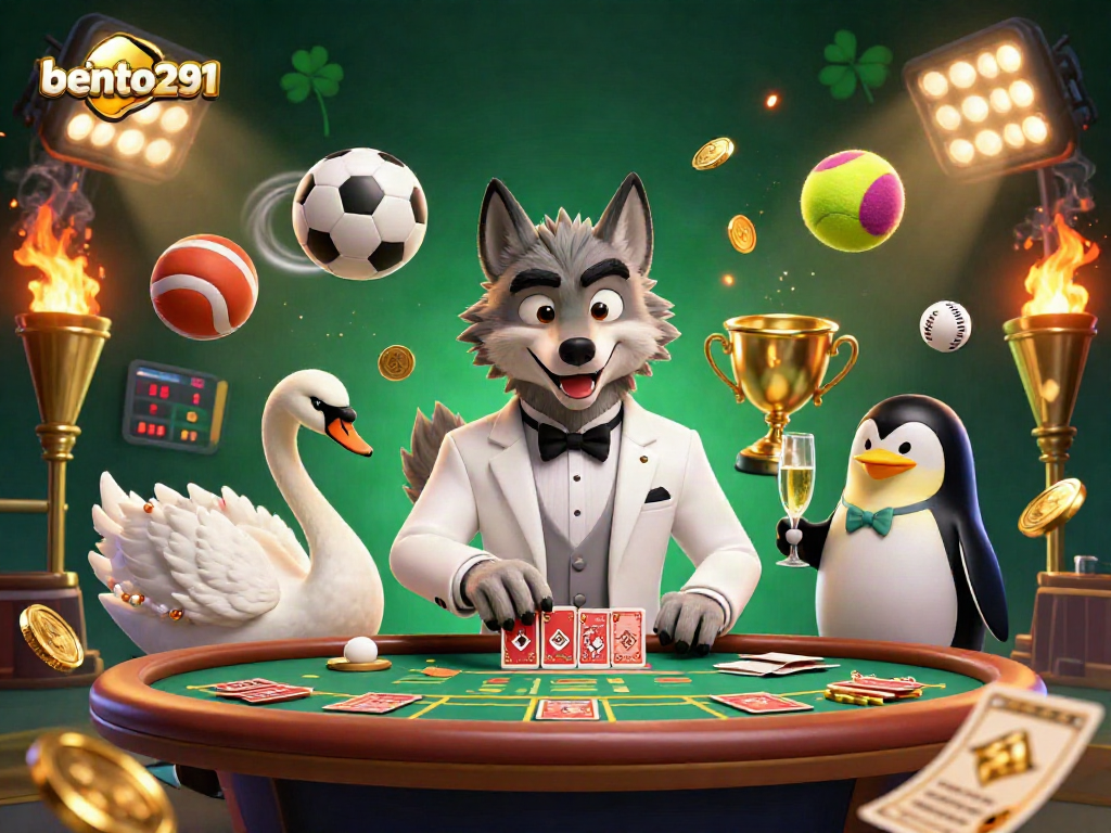 Experience the excitement of bento291 with a lively scene of a debonair wolf, elegant swan, and sophisticated penguin.