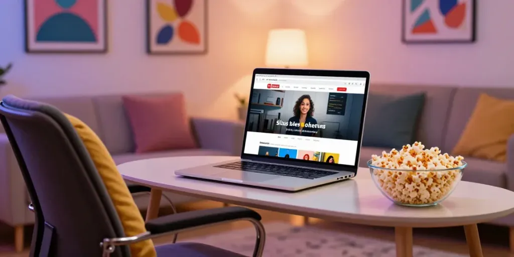 Tampilan ruang streaming modern dengan situs bokep di laptop, suasana nyaman dan hangat.