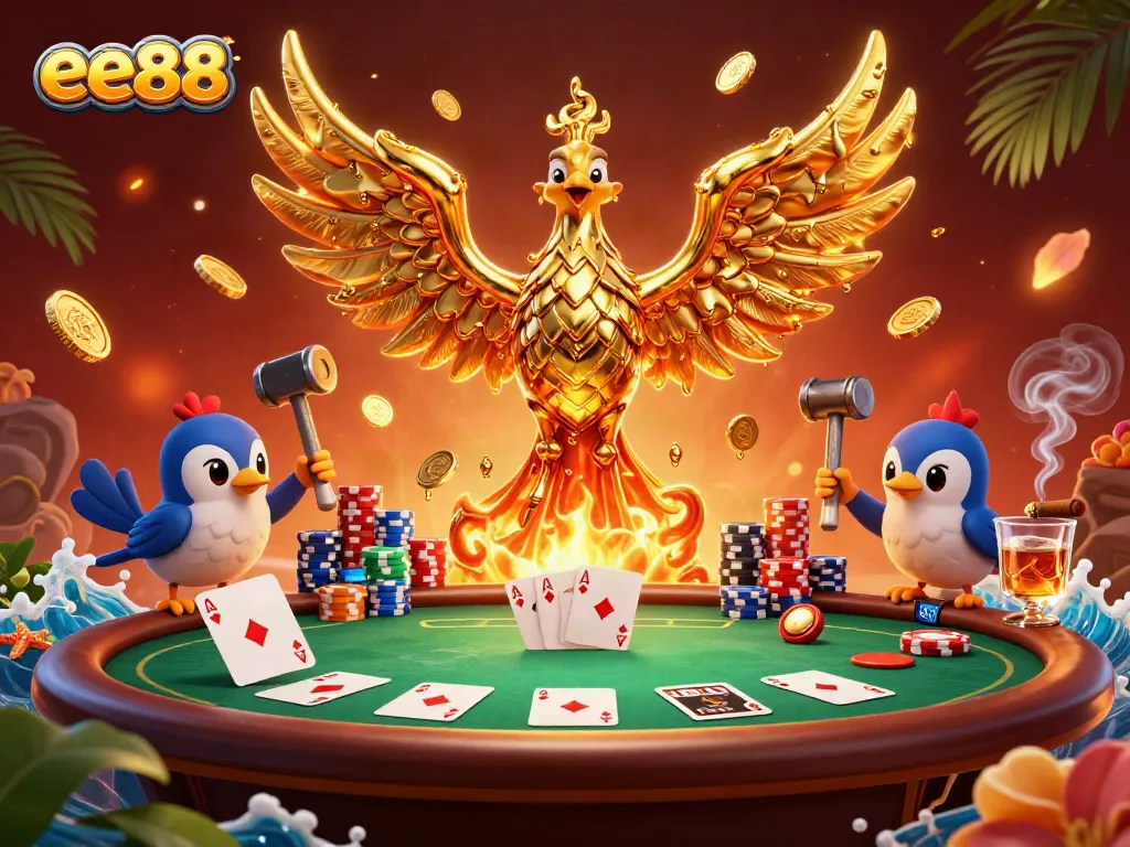 Experience the excitement of ee88 with a golden phoenix and poker elements in a rich casino scene.