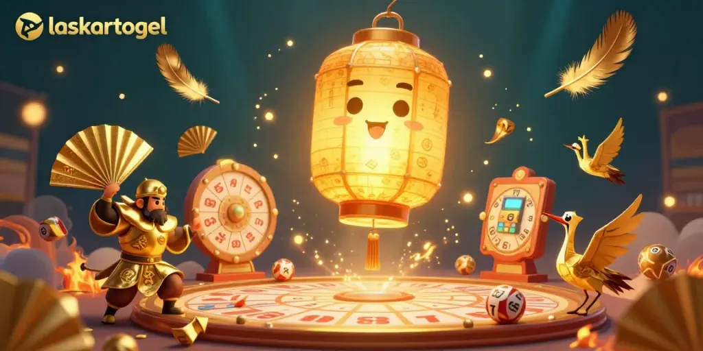 Laskartogel players enjoying a vibrant lottery game scene with a glowing lantern spirit and lucky symbols.