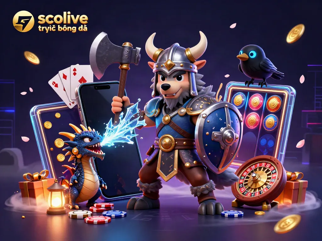Engage with socolive trực tiếp bóng đá in a vibrant, action-packed scene featuring a Viking warrior, dragon, and raven amidst dynamic casino elements.