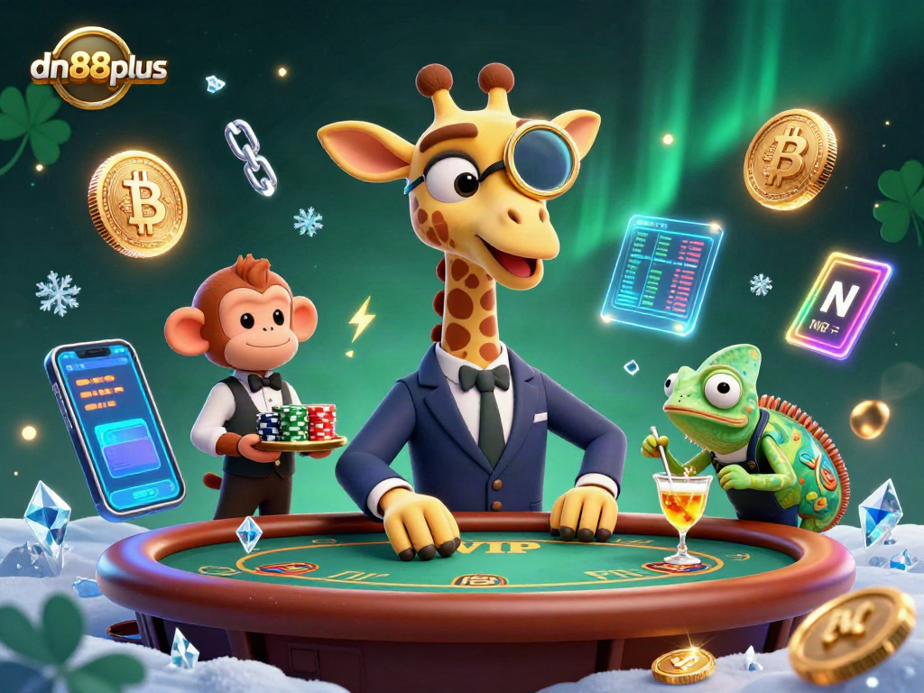 Experience thrilling gaming at dn88plus with a high-roller giraffe at a poker table, cryptocurrency coins flying.