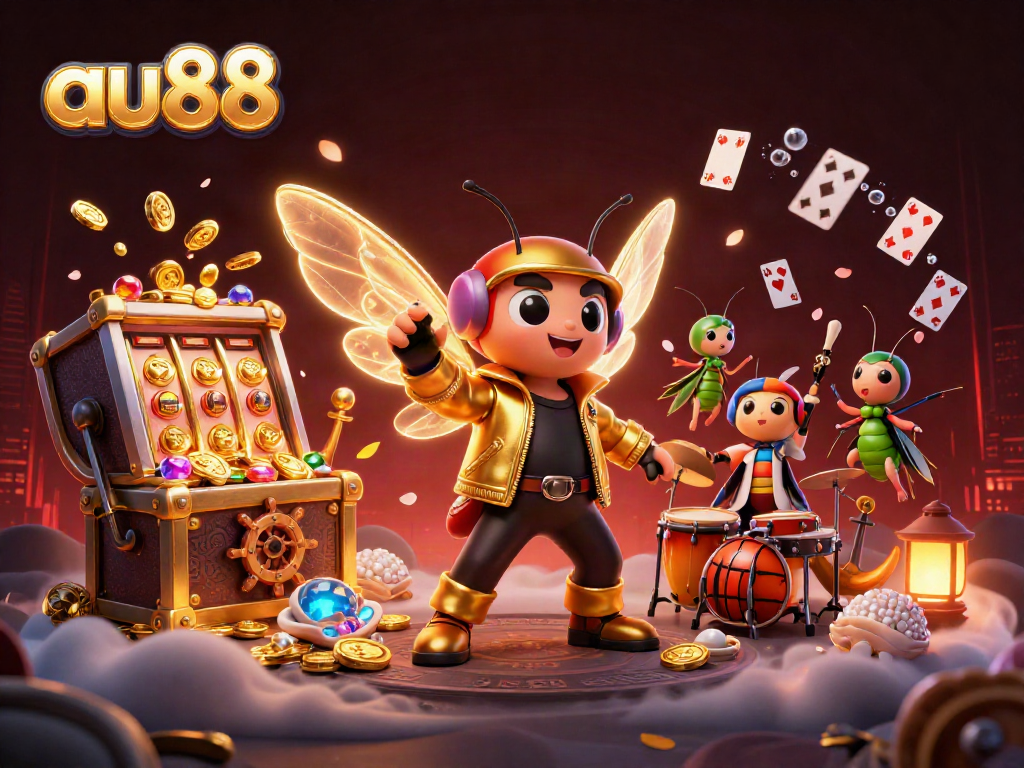 Experience thrilling gameplay with the vibrant au88 casino illustration featuring a rock star, drummer, and treasures.