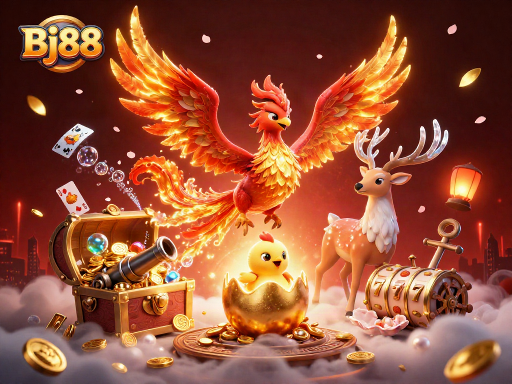 Bj88 showcases a vibrant illustration of a phoenix and playful casino elements, enhancing the excitement.