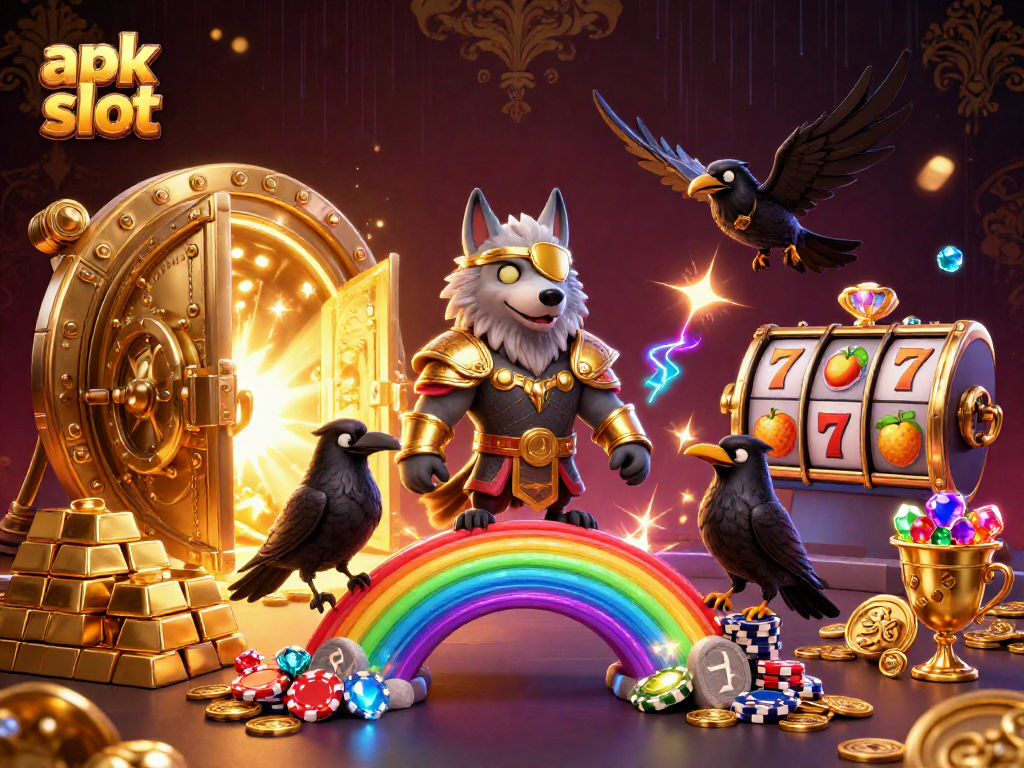 Mainkan apk slot dengan Odin, burung gagak, dan harta berkilau di latar belakang canggih.