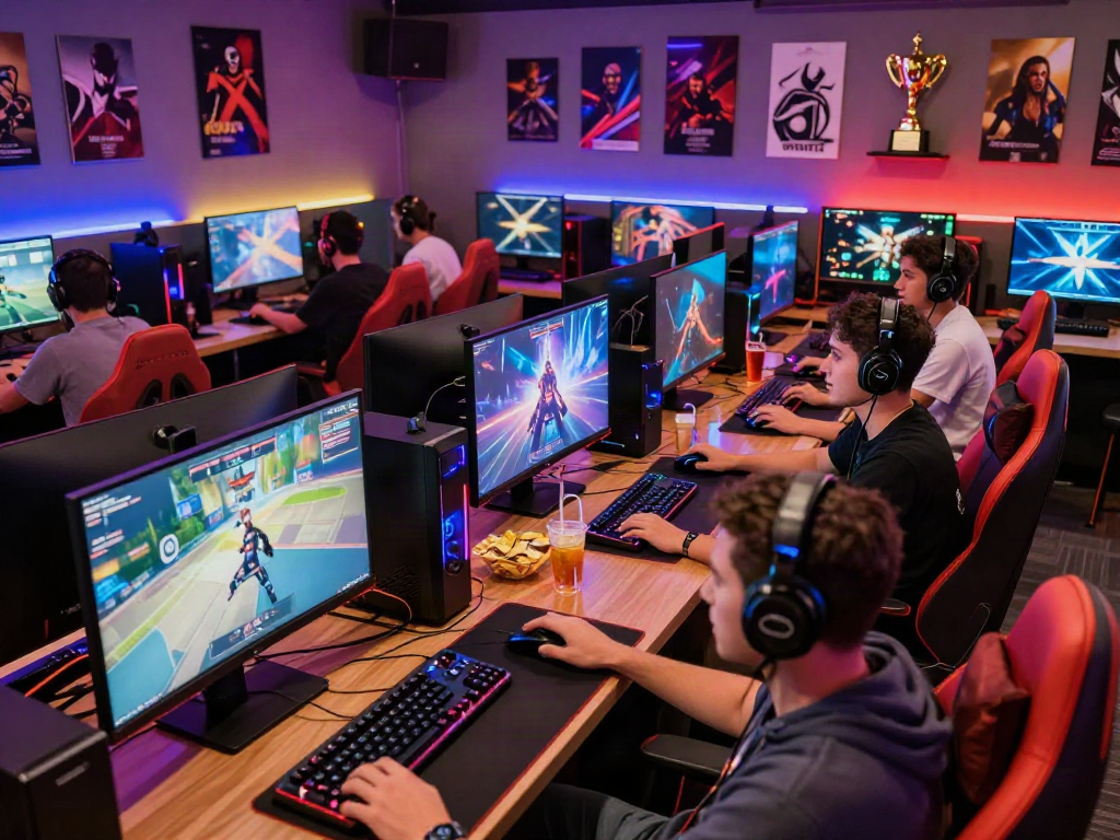 Exciting gaming lounge scene at https://www.mpocash.net/ with diverse players engaged in online gaming.