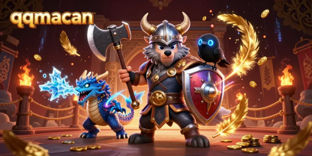 Experience thrilling gameplay at qqmacan with a Viking wolf warrior, dragon, and raven in an action-packed casino illustration.