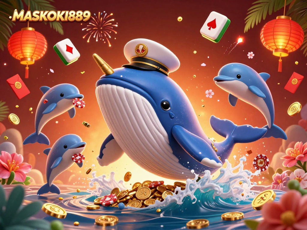 Engage with the vibrant world of MASKOKI889's gambling adventure featuring a whale and playful dolphins.