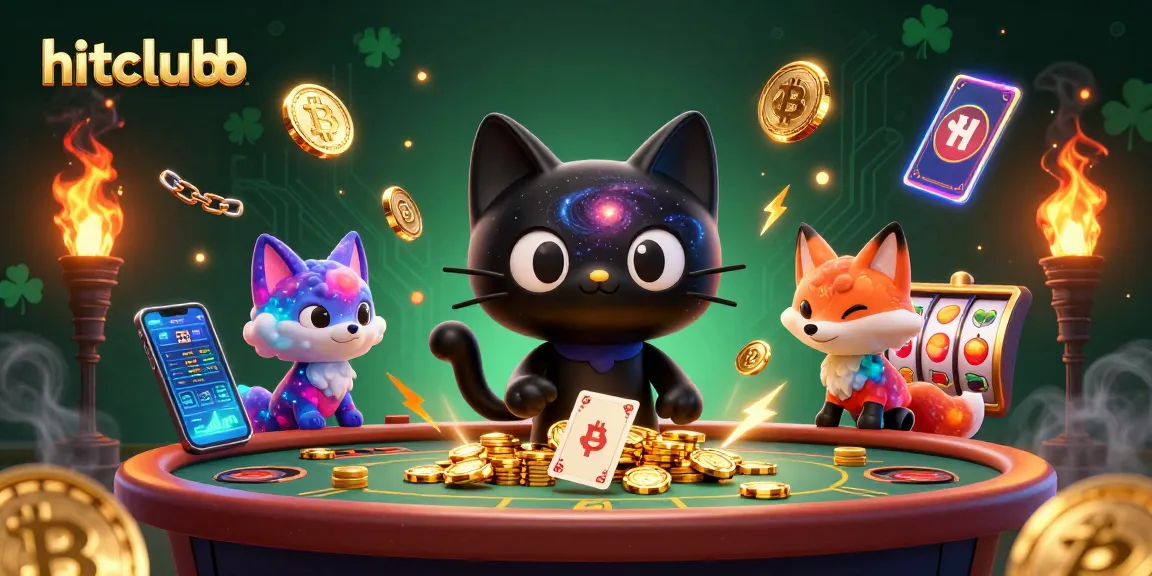 Hitclubb's cosmic casino scene with a black hole cat, a nebula fox, and crypto coins.