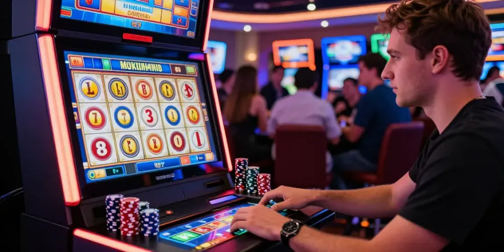 Mesinmpo di mesin slot Mahjong dengan pemain berinteraksi dan dekorasi kasino yang cerah.