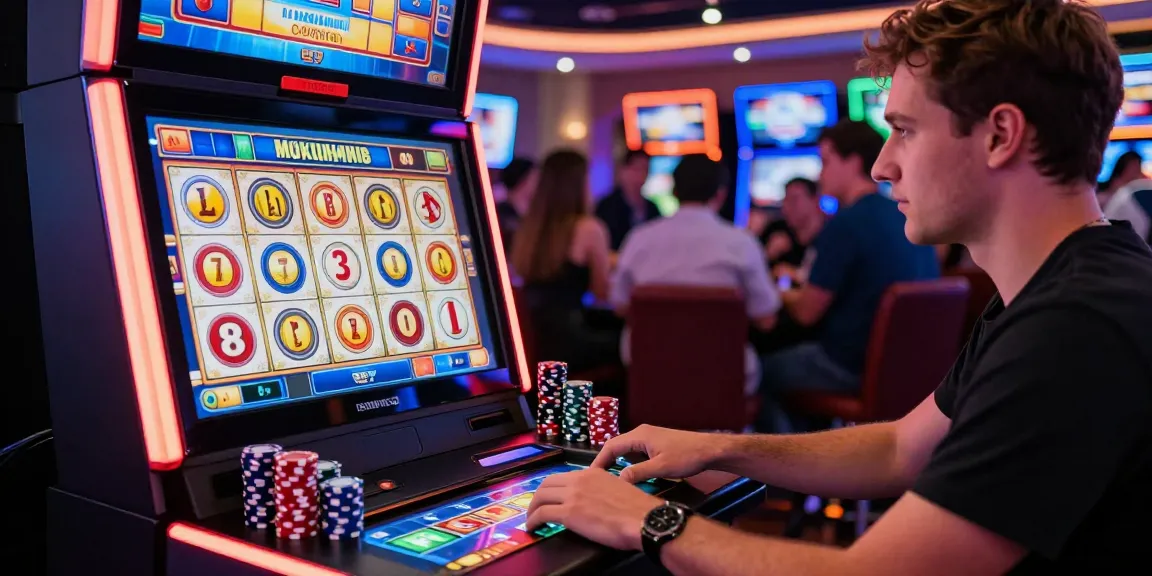 Mesinmpo di mesin slot Mahjong dengan pemain berinteraksi dan dekorasi kasino yang cerah.