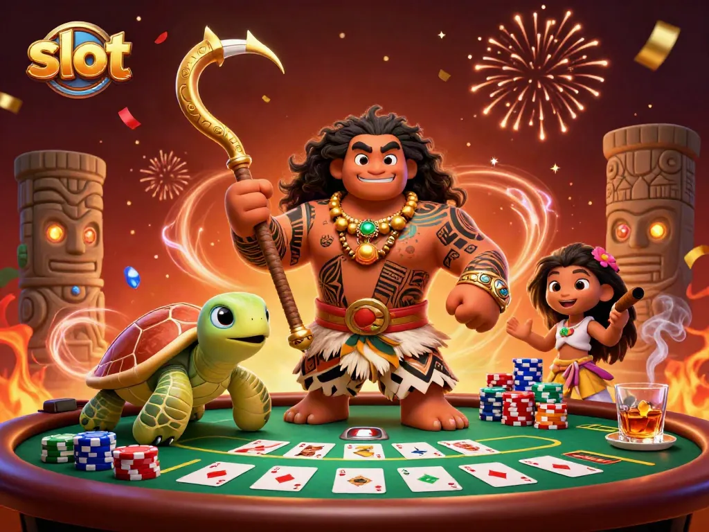 Menangkan slot dengan peluang tinggi yang ditampilkan oleh karakter dewa Polinesia dalam ilustrasi berwarna.