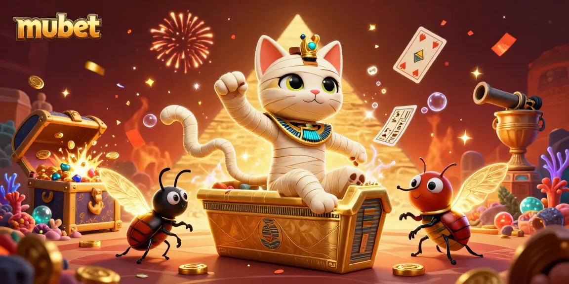 Mubet spreads excitement with a 3D illustration of a mummy cat in a vibrant casino scene, featuring golden treasures and playing cards.