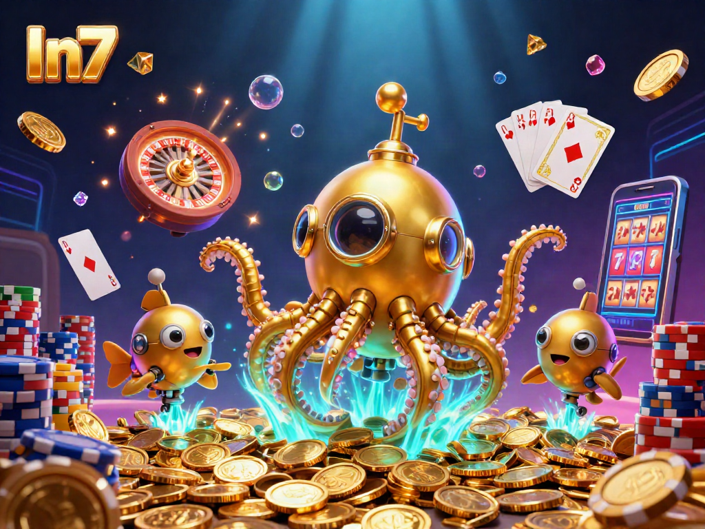 Celebrate exciting wins with In7 in this vibrant casino illustration featuring a golden kraken!