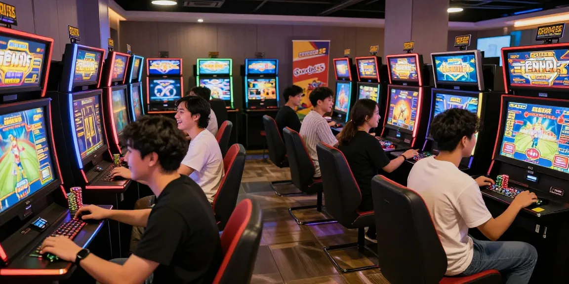 Exciting gaming atmosphere at https://garuda55.com/ with friends playing slot machines in a vibrant lounge.