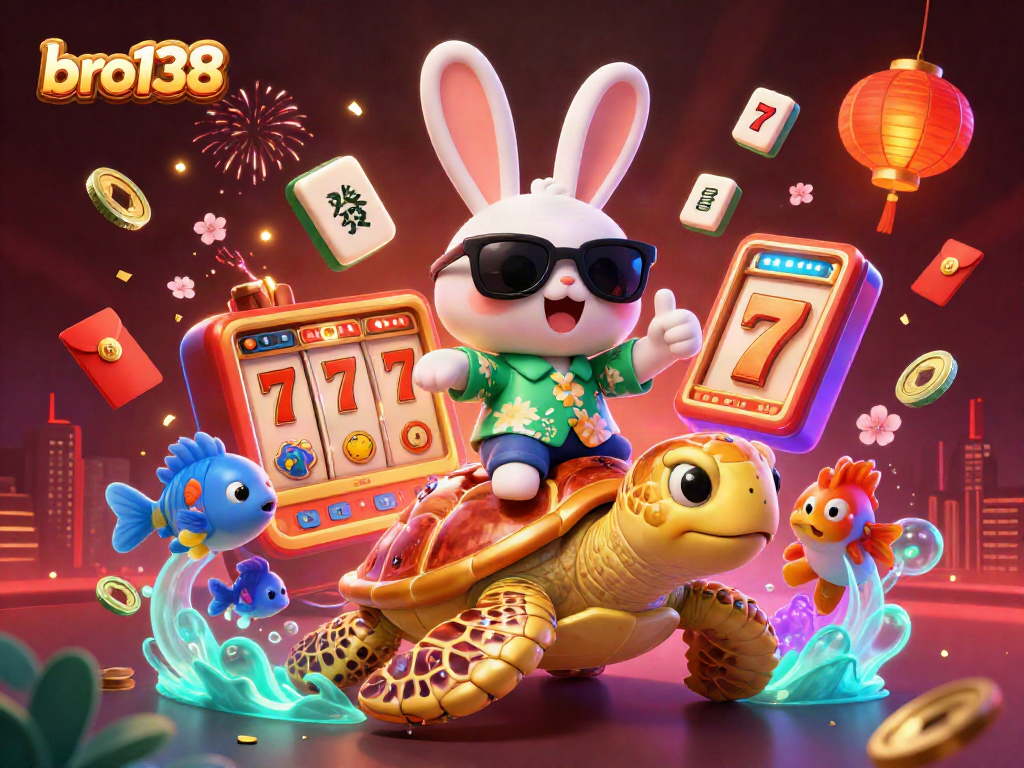 Experience exciting wins with bro138 featuring a lucky rabbit and golden sea turtle in a vibrant casino-themed scene.