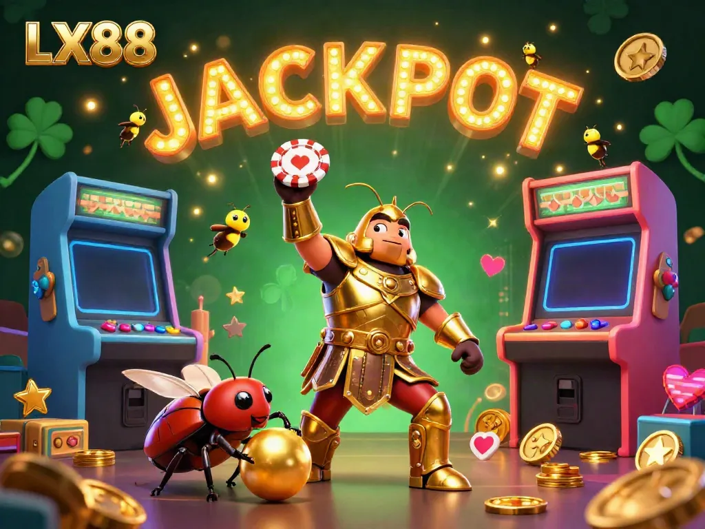 Experience the excitement of LX88 with a heroic beetle victory scene, showcasing vibrant casino elements.