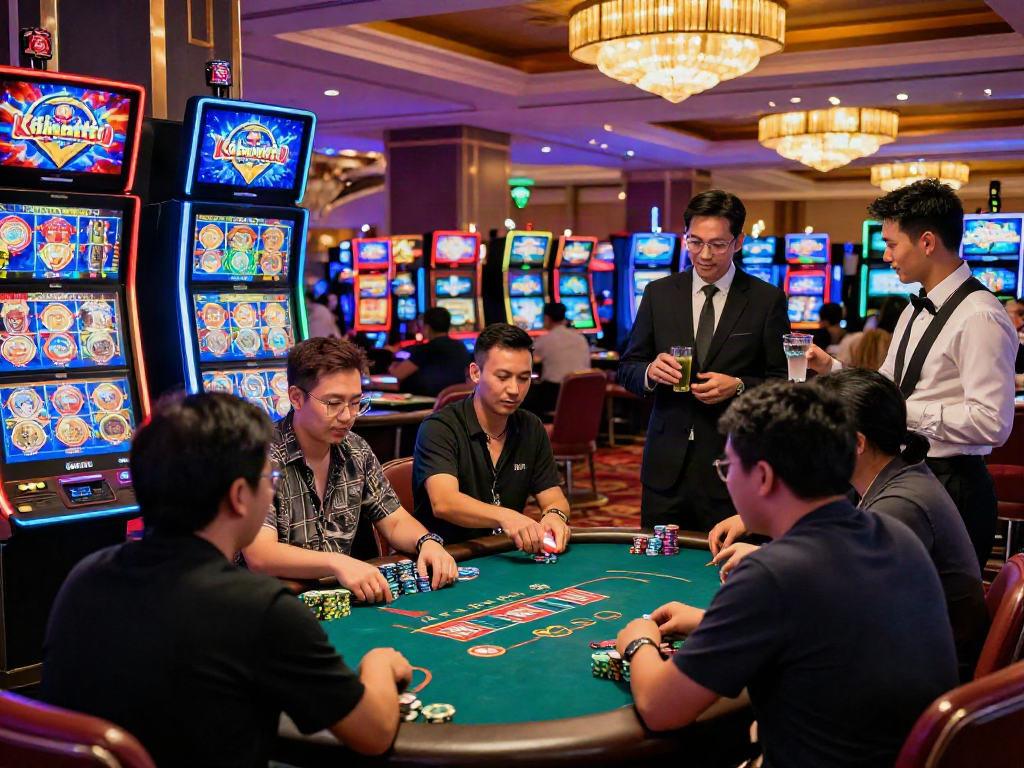 Engaging gambling scene showcasing kebuntoto players at a lively casino with vibrant atmosphere and digital slot machines.