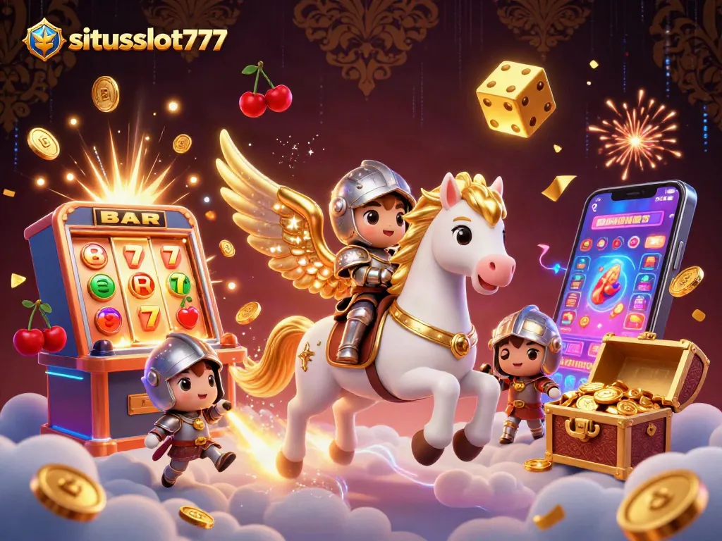 Experience thrilling slots at situsslot777 with a majestic horse and knight amidst jackpot symbols.