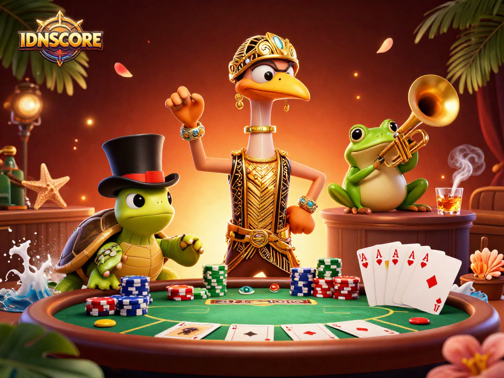 Action-packed IDNSCORE scene featuring a lively casino atmosphere with cartoon characters playing poker.