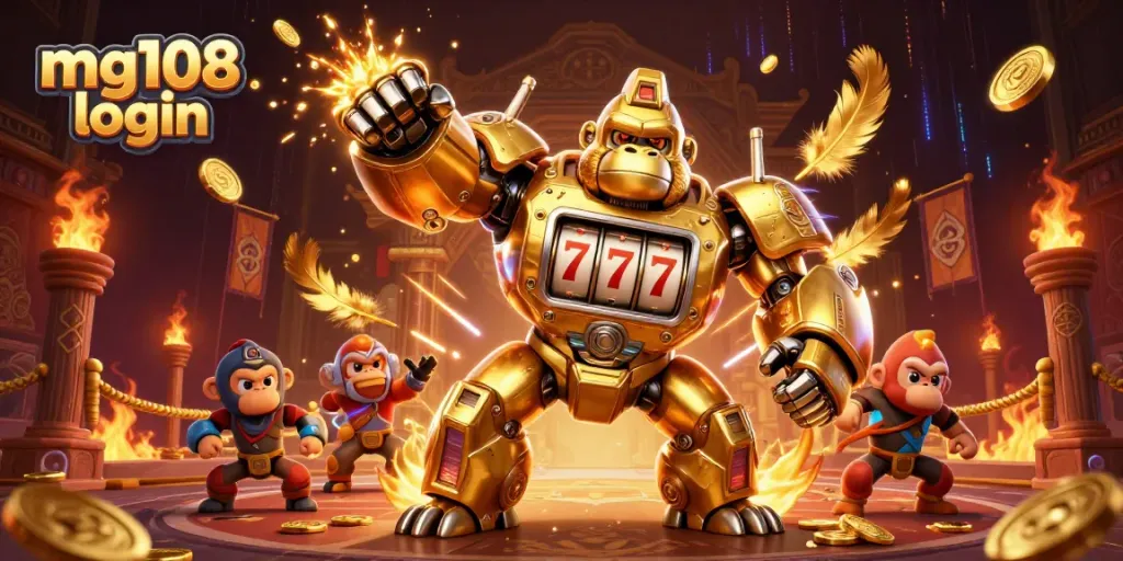 Masuk ke mg108 login untuk menikmati pengalaman bermain dengan robot gorila emas dan simbol keberuntungan.